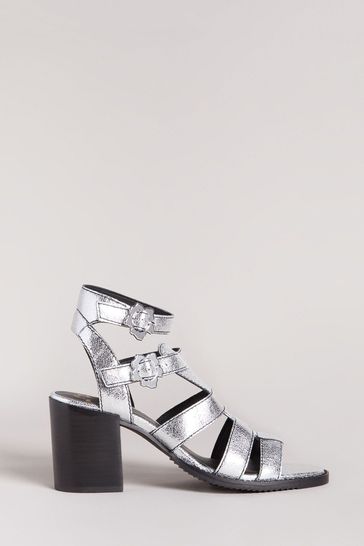 Ted Baker Silver Taylay Strappy Block Heeled Crinkled Leather Sandals