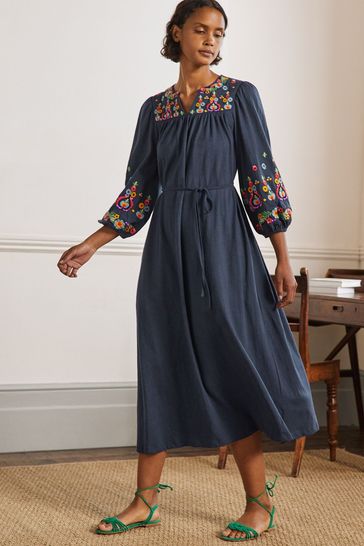 Boden Blue Embroidered Jersey Midi Dress