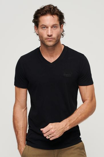Superdry Camiseta de cuello en V con logotipo de algodón orgánico negro