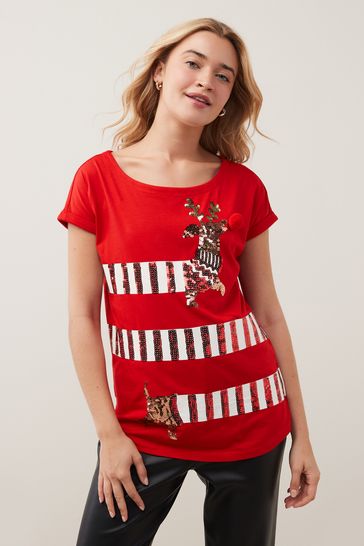 Red Christmas Sequin Sausage Dog Short Sleeve Crew Neck T-Shirt