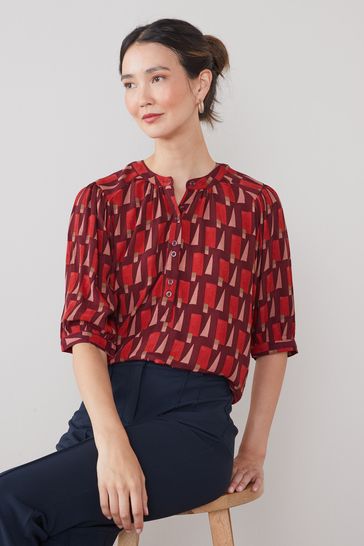 Berry Red Geo Half Sleeve V-Neck Top