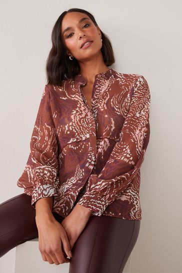 Abstract Brown Print Trim Detail Button Front Top