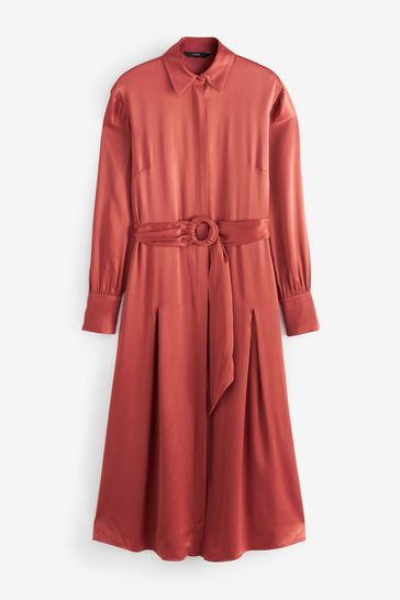 Rust Brown Satin Belted Midi Dress