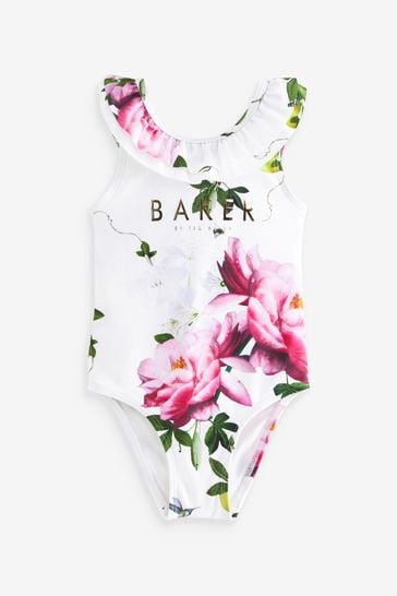 Baker by Ted Baker Floral Frilled White Swimsuit
