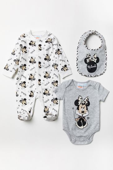 Disney Grey Minnie Mouse Leopard Sleepsuit, Bodysuit And Bib Set
