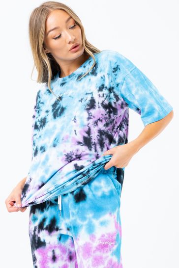 Hype. Womens Oversized Blue Multi Tie Dye Scribble Logo T-Shirt