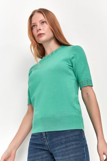M&Co Green Short Sleeve Scalloped Detail Top