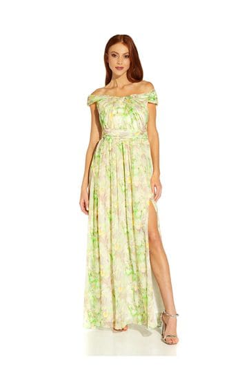 Adrianna Papell Green Off Shoulder Chiffon Gown