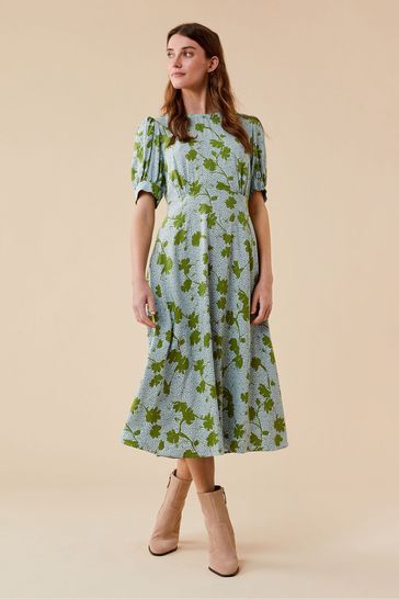 Finery Green Mathilde Leaves Print Midi Dress