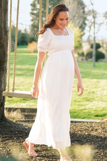 Seraphine White Shirred Maternity Maxi Dress