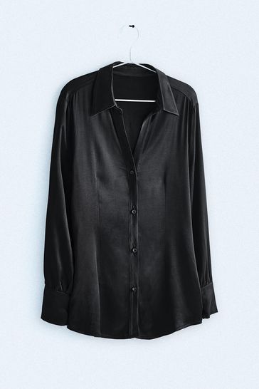 Own. Black Fitted Satin Shirt