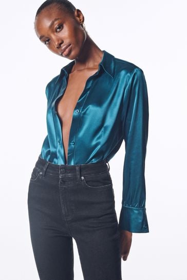 Own. Teal Blue Fitted Satin Shirt