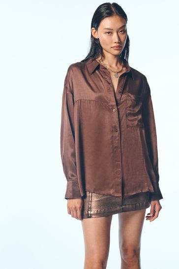 Own. Brown Oversized Satin Shirt