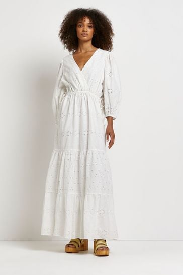 River Island White Broderie Tiered Midi Summer Dress