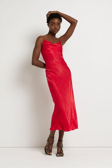 River Island Red Emily Satin Cowl Neck Midi Dress