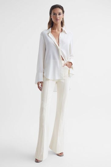 Reiss Cream Florence Petite High Rise Flared Trousers