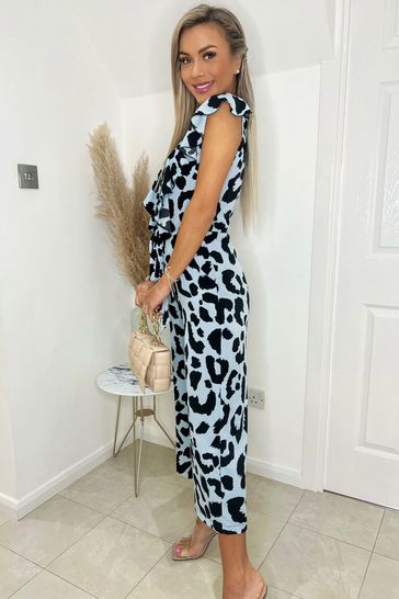 AX Paris Blue Animal Print Frill Front Jumpsuit