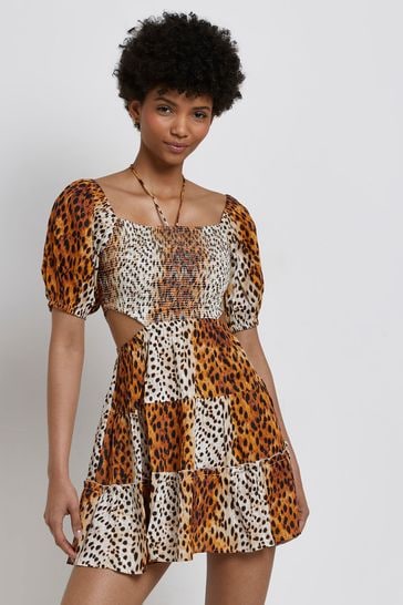 River Island Brown Cut Out Shirred Mini Dress