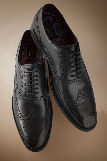 Black Wide Fit Signature Italian Leather Wing Cap Brogues
