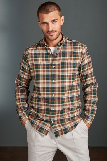 Neutral/Red/Green Next Signature Brushed Flannel Check Shirt