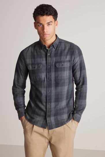 Charcoal Grey Twin Pocket Long Sleeve Check Shirt