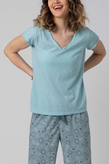 Mistral Aquamarine Blue Woven Trim Washed V-Neck T-Shirt