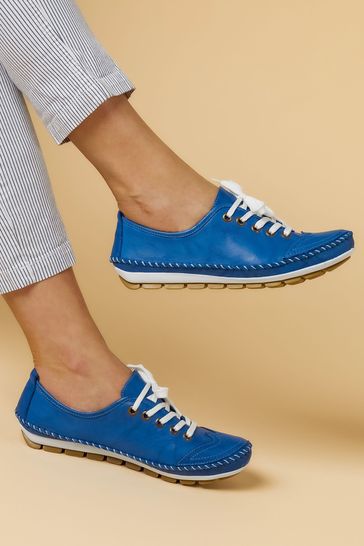 Pavers Blue Ladies Leather Lace-Up Trainers