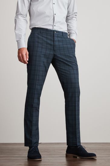 Blue Slim Check Formal Trousers