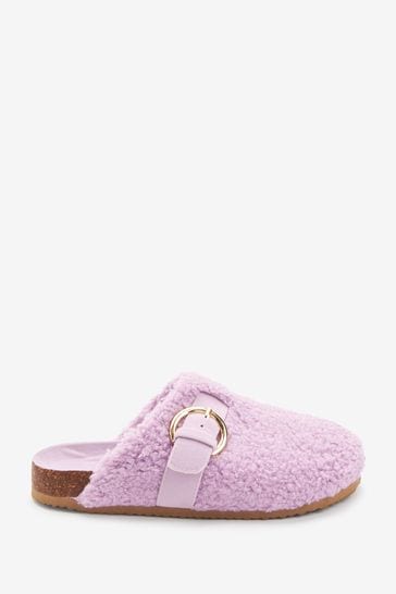 Lilac Purple Soft Borg Mule Slippers With Buckle