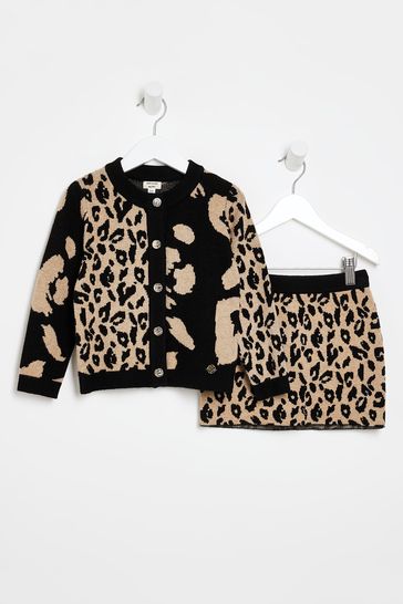 River Island Cream Leopard Cardi Skirt Set