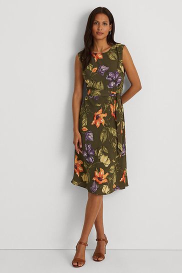 Lauren Ralph Lauren Khaki Green Floral Tie Waist Vilodie Midi Dress