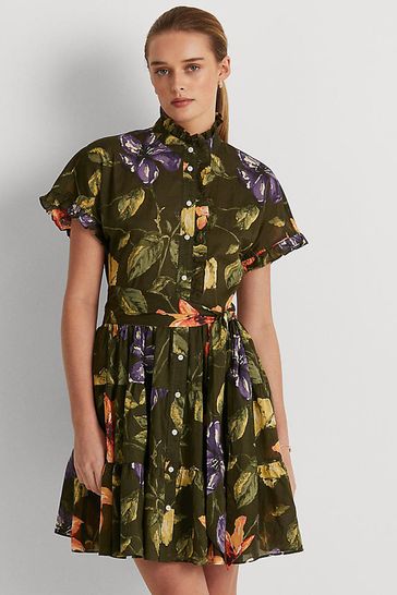 Buy Lauren Ralph Lauren Khaki Green Floral Print Yaritza Mini Shirt Dress  from Next Austria