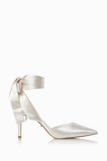 Dune London Daliah White Satin Ankle Tie Wedding Shoes