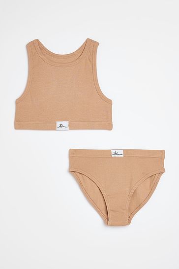 River Island Brown Ribbed Crop And Briefs Set