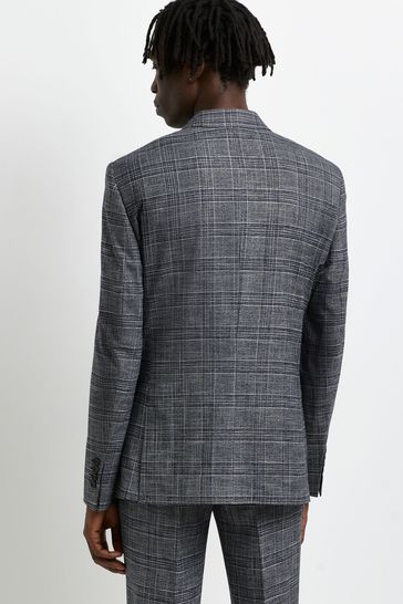River Island Navy Blue SB2 Notch Scratchy Check Jacket