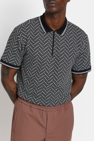 River Island Black Short Sleeve Slim Mono Jacqaurd T-Shirt
