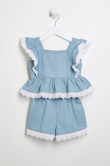 Buy River Island Blue Light Frill Broidery Top Set from Next Ireland