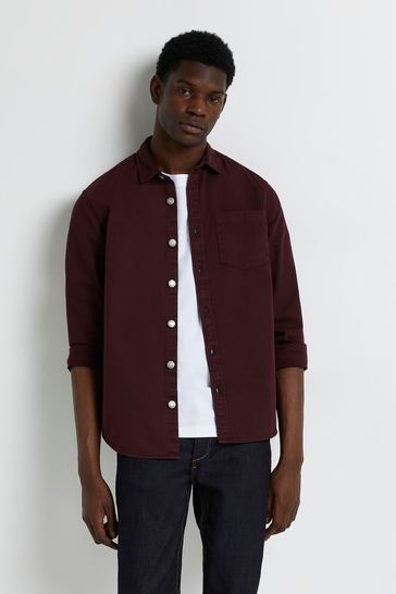 River Island Red Dark Long Sleeve Pigment Dyed Twill Shirt