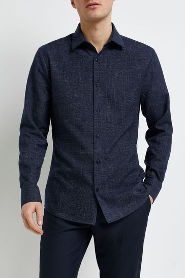 River Island Blue Long Sleeve Textured Smart Shirt