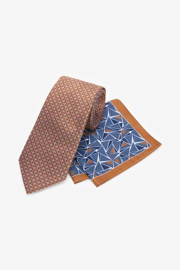Rust Brown Geometric Regular Tie, Pocket Square And Tie Clip Set