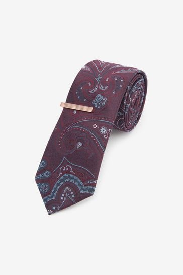 Burgundy Red Paisley Slim Pattern Tie With Tie Clip