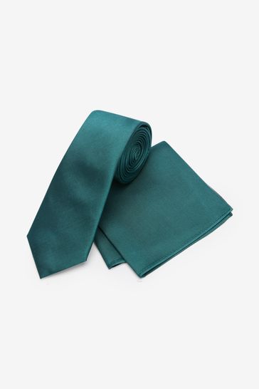 Teal Blue Slim Silk Tie And Pocket Square Set