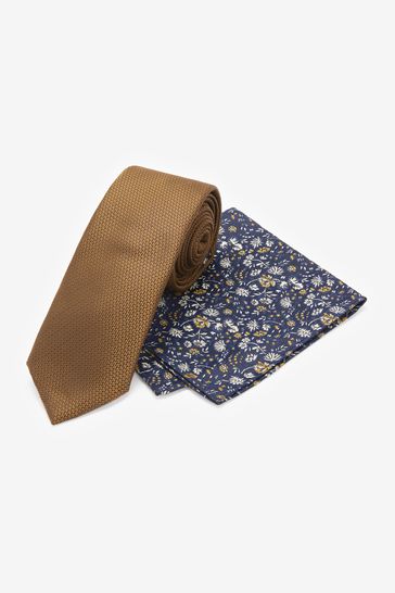 Yellow Gold/Floral Slim Tie And Pocket Square Set