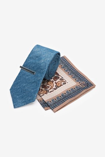 Blue Navy/Brown Paisley Slim Tie, Pocket Square And Tie Clip Set