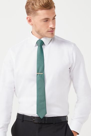 Green Slim Textured Tie And Clip