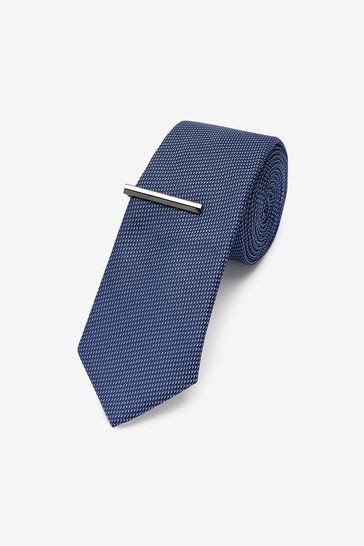 Blue Slim Recycled Polyester Textured Tie With Tie Clip