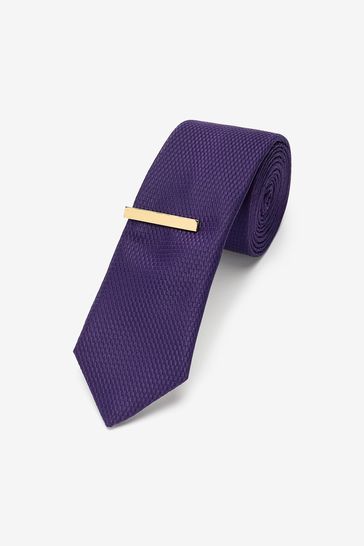 Purple Slim Recycled Polyester Textured Tie With Tie Clip