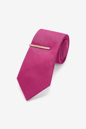 Raspberry Pink Textured Tie And Clip