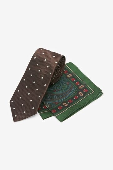 Brown Spot/Paisley Slim Tie And Pocket Square Set