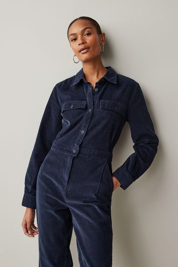 Navy Blue Cord Utility Style Button Through Jumpsuit